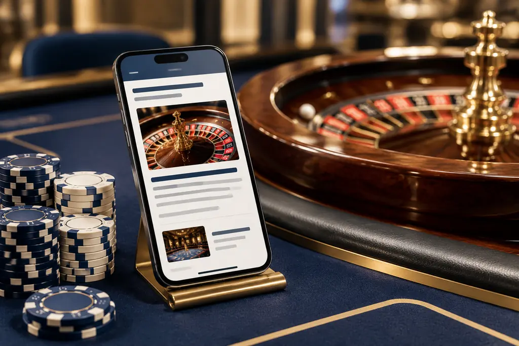 Ponsel dengan tata letak web konseptual di samping meja roulette