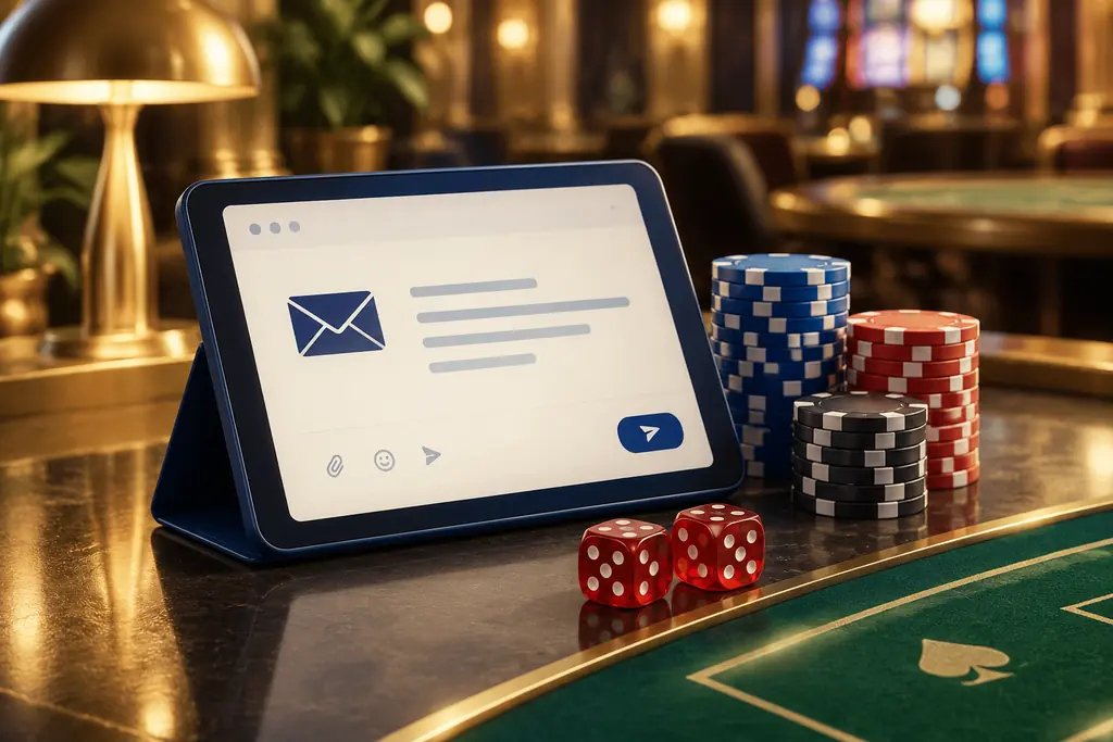 Tablet dengan pesan email konseptual, dadu, dan keping kasino