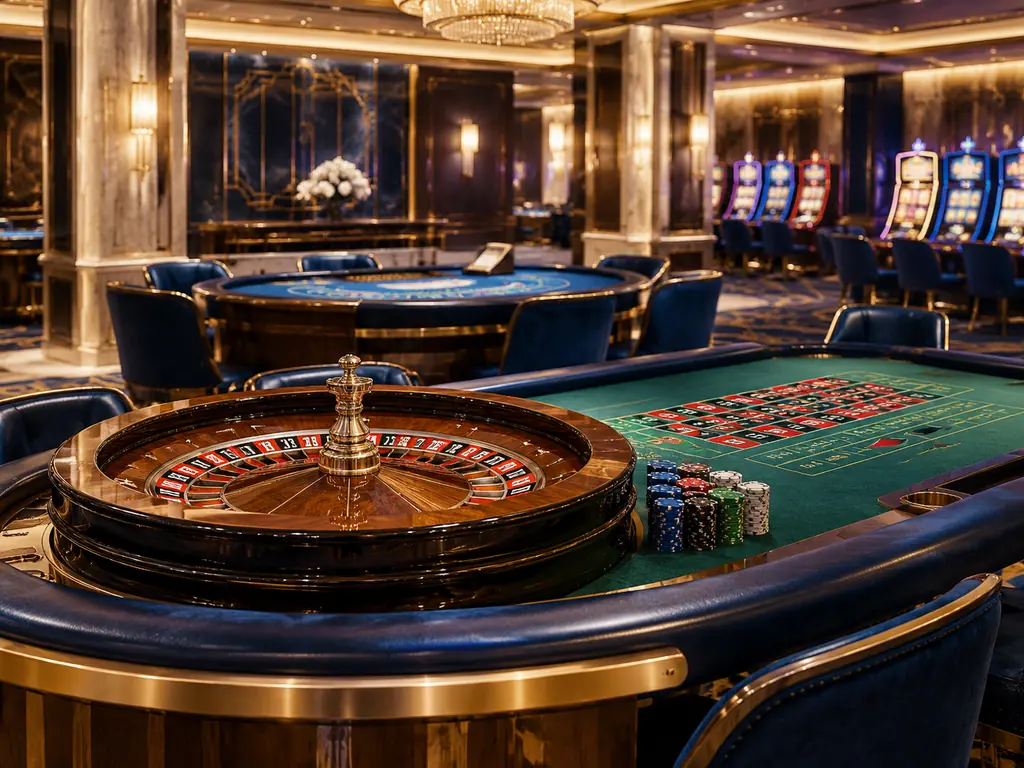 Ruang kasino konseptual dengan roda roulette, meja kartu, dan mesin slot di latar
