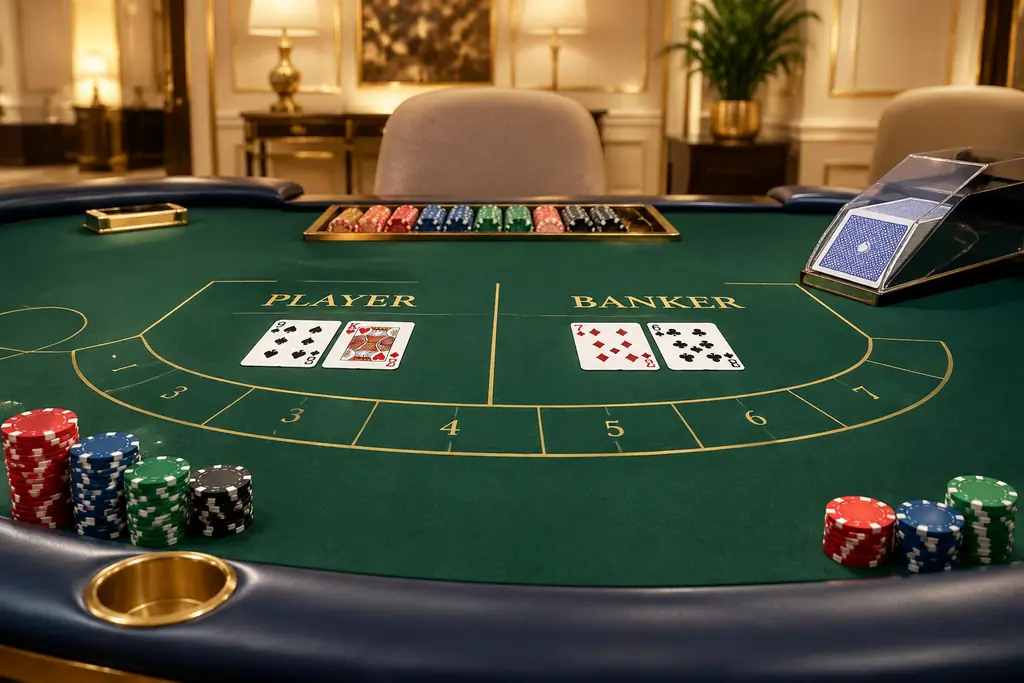 Meja baccarat dengan sepatu kartu dan keping kasino