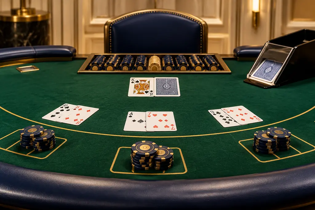 Kartu dan keping di meja blackjack kasino