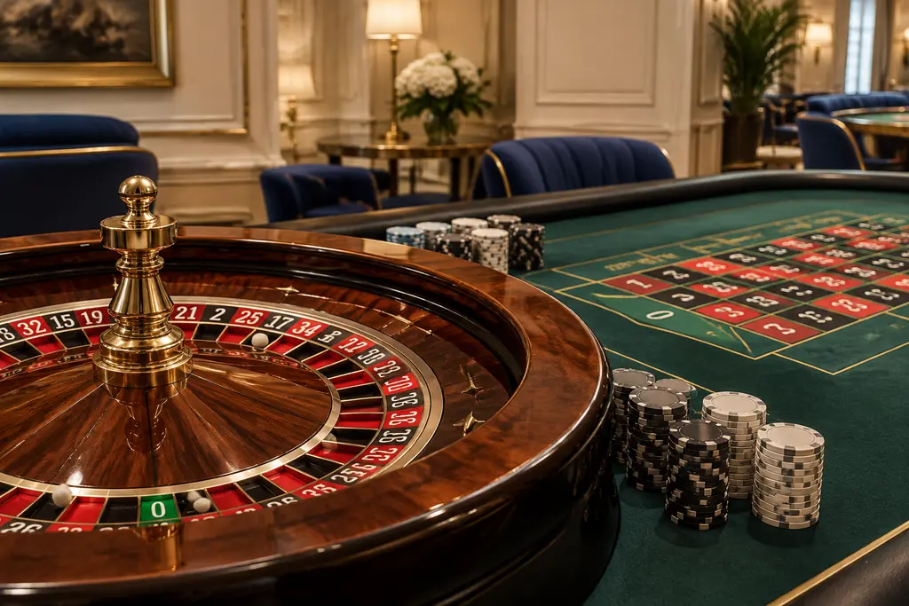 Roda roulette dan area pilihan pada meja kasino