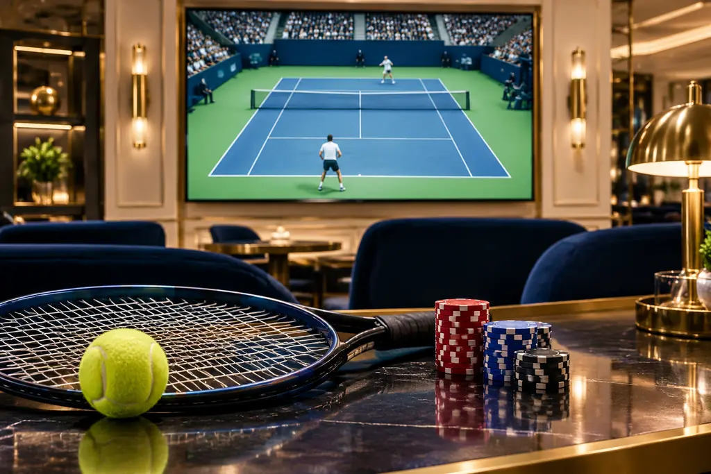Layar pertandingan tenis konseptual di ruang taruhan olahraga kasino